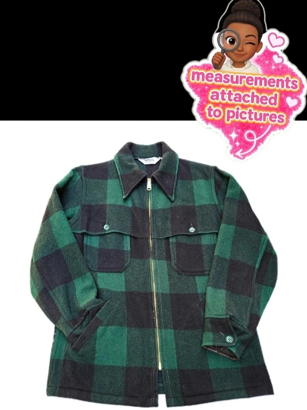Woolrich Men's Green/Black Plaid Wool 60s Vintage Jacket, Spread Collar, Pockets